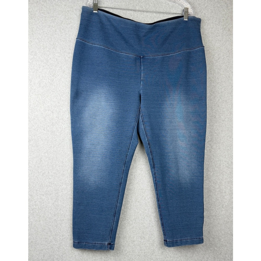 Zenergy by Chicos Womens Blue Denim Print Crop Leggings High Rise Size 3